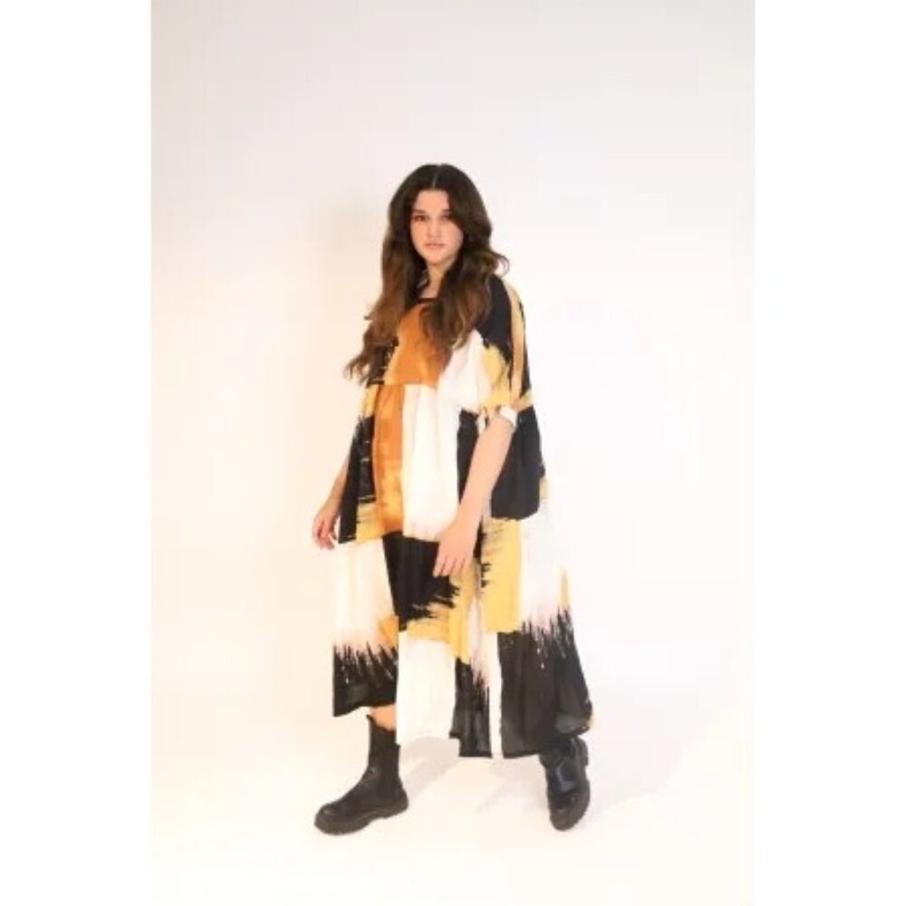 Womens Oversized Abstract Print Cotton/Spandex Maxi Dress Orange/Black/White